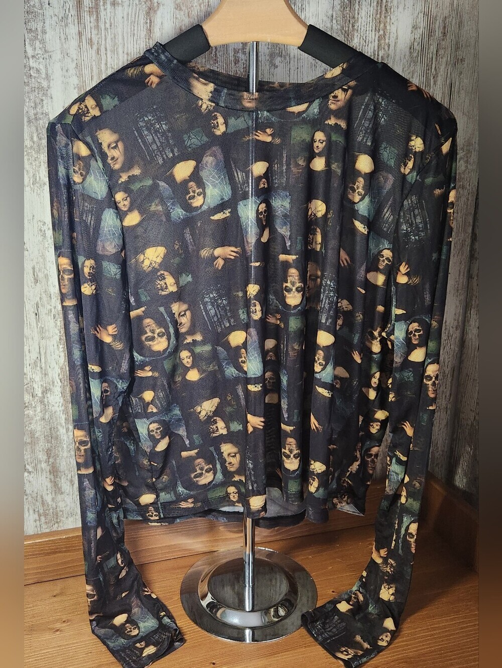 Social Collison Black Sheer Mesh Long Sleeve Top Zombie Mona Lisa & Skull Print